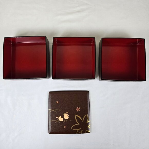 Japanese Jubako Stacked Box Brown w/Red Lacquer Interior Bunnies and Flowers - Picture 7 of 15